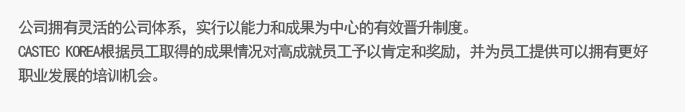 公司拥有灵活的公司体系，实行以能力和成果为中心的有效晋升制度。 
CASTEC KOREA根据员工取得的成果情况对高成就员工予以肯定和奖励，并为员工提供可以拥有更好职业发展的培训机会。

