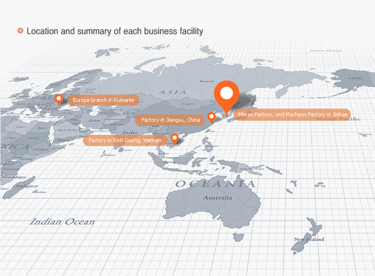 Location and summary of each business facility – Europe branch in Rumania, Factory in Qinhuangdao, China, Factory in Jiangsu, China, Factory in Binh Duong, Vietnam, Headquarters and Factory in Sasang, Busan, Mieum Factory, and Macheon Factory in Jinhae